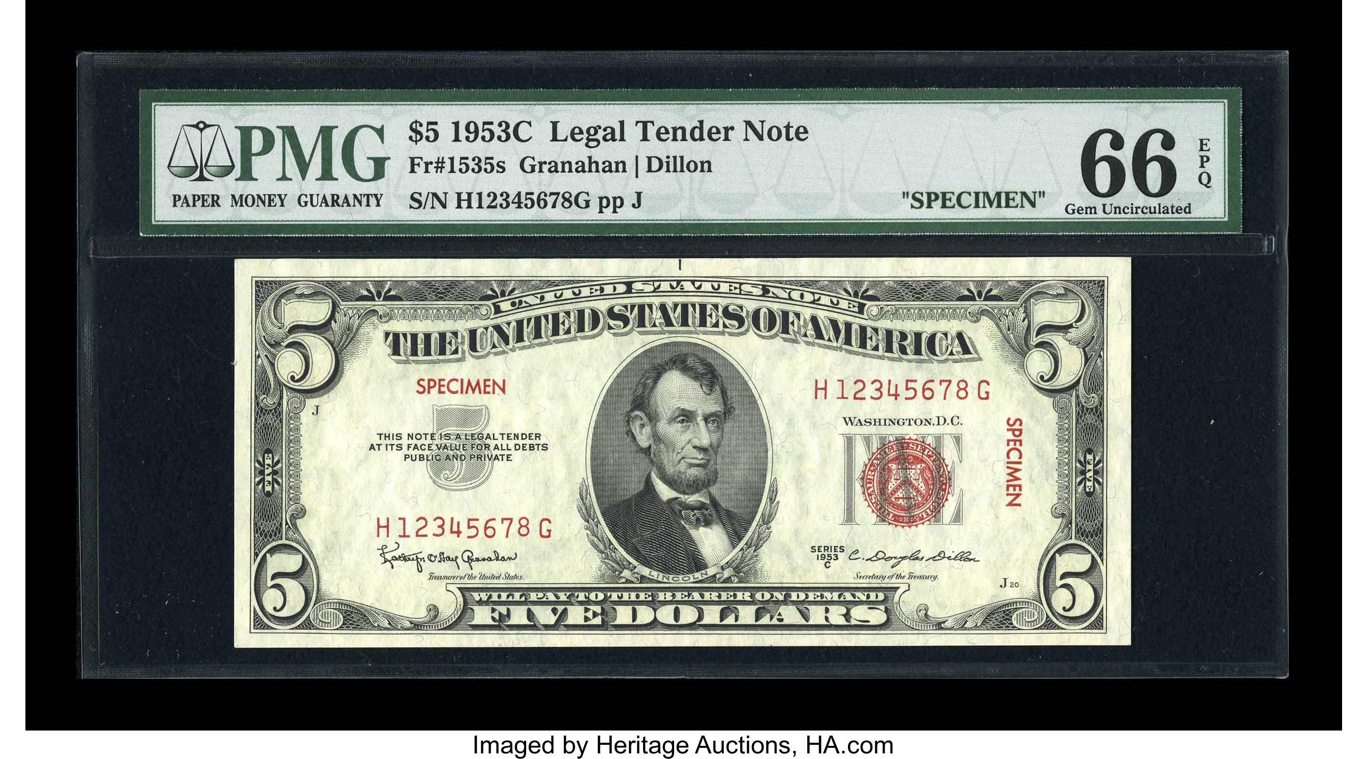 image for: Fr. 1535 $5 1953C Specimen Legal Tender Note. PMG Gem Uncirculated 66 EPQ....