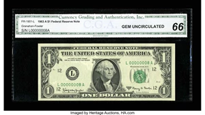 image for: Fr. 1901-L $1 1963A Federal Reserve Note. CGA Gem Uncirculated 66....