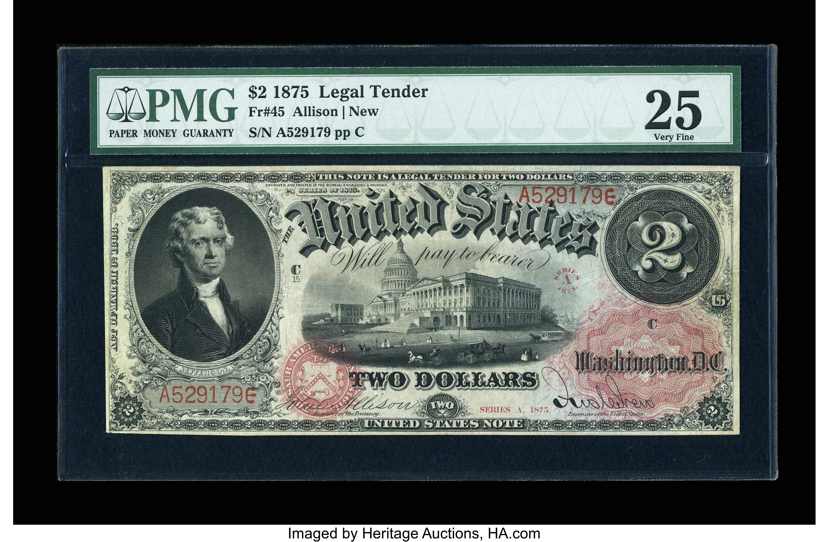 image for: Fr. 45 $2 1875 Legal Tender PMG Very Fine 25....