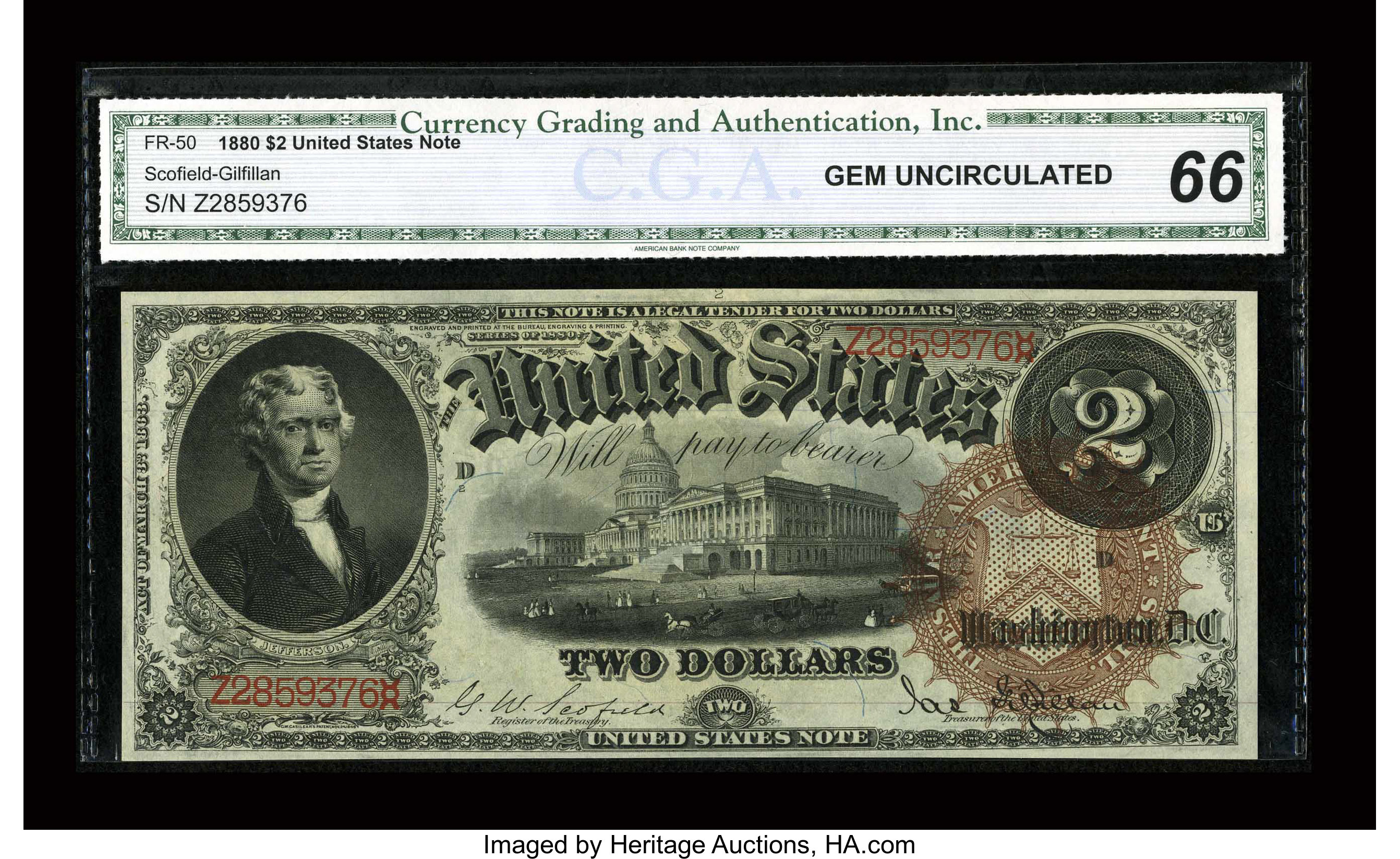image for: Fr. 50 $2 1880 Legal Tender CGA Gem Uncirculated 66....