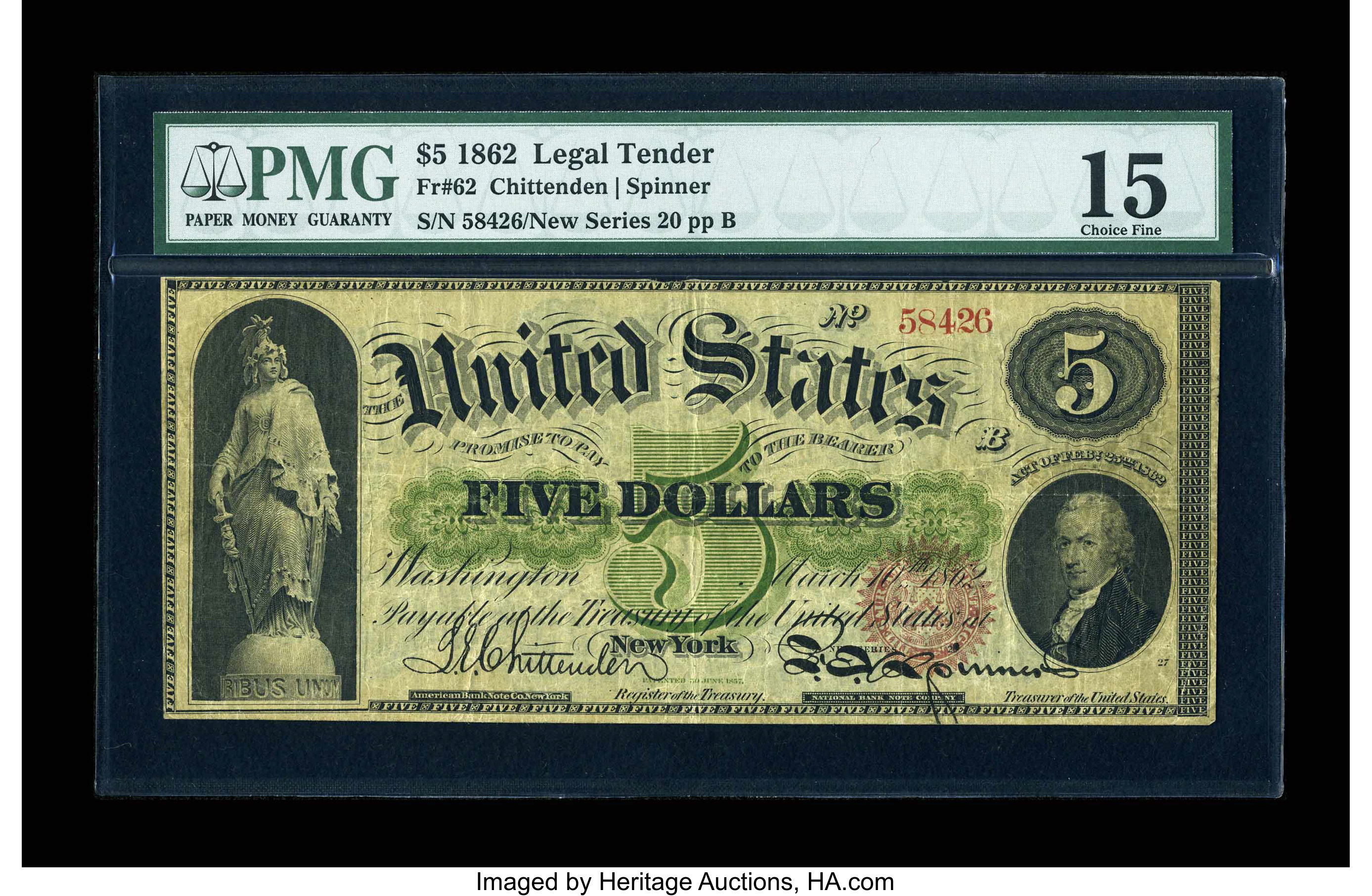 image for: Fr. 62 $5 1862 Legal Tender PMG Choice Fine 15....