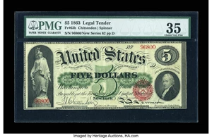 image for: Fr. 63b $5 1863 Legal Tender PMG Choice Very Fine 35....