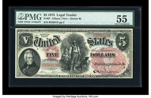 image for: Fr. 67 $5 1875 Legal Tender PMG About Uncirculated 55....