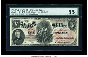 image for: Fr. 67 $5 1875 Legal Tender PMG About Uncirculated 55....