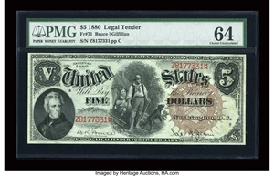 image for: Fr. 71 $5 1880 Legal Tender PMG Choice Uncirculated 64....