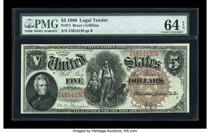 image for: Fr. 71 $5 1880 Legal Tender PMG Choice Uncirculated 64 EPQ....