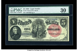 image for: Fr. 75 $5 1880 Legal Tender PMG Very Fine 30....