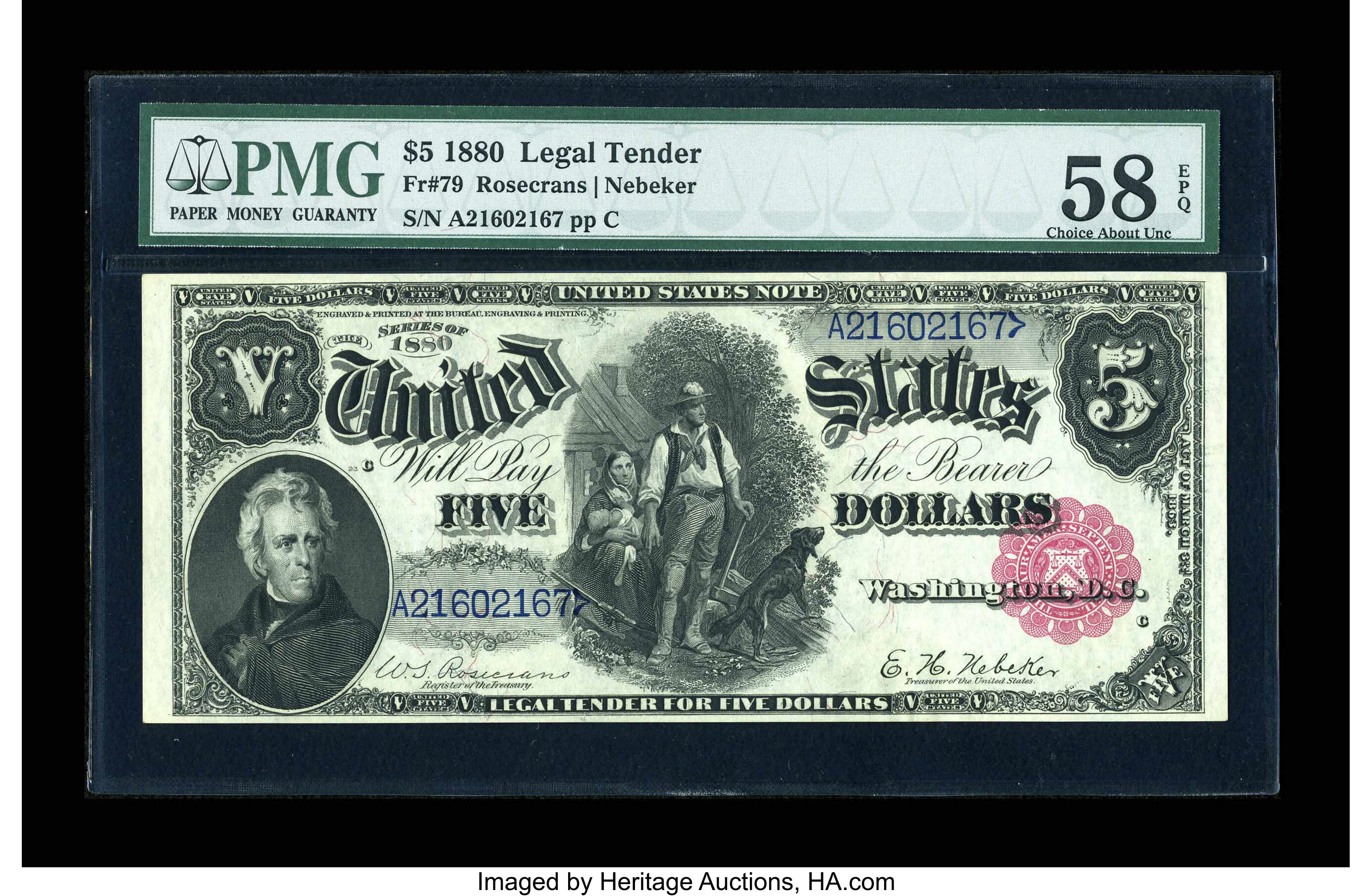 image for: Fr. 79 $5 1880 Legal Tender PMG Choice About Unc 58 EPQ....