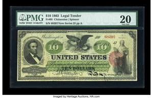 image for: Fr. 95 $10 1863 Legal Tender PMG Very Fine 20....