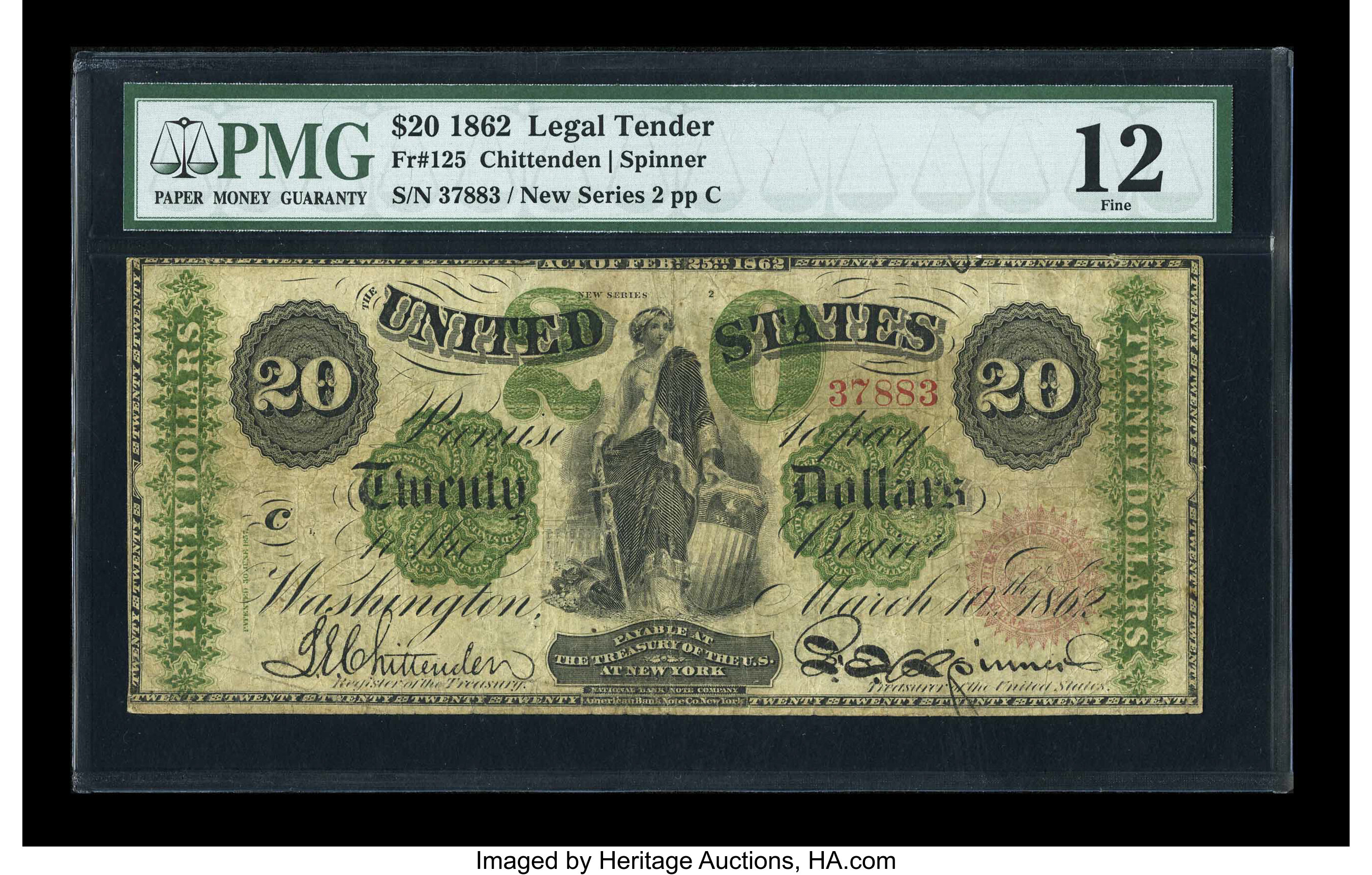 image for: Fr. 125 $20 1862 Legal Tender PMG Fine 12....