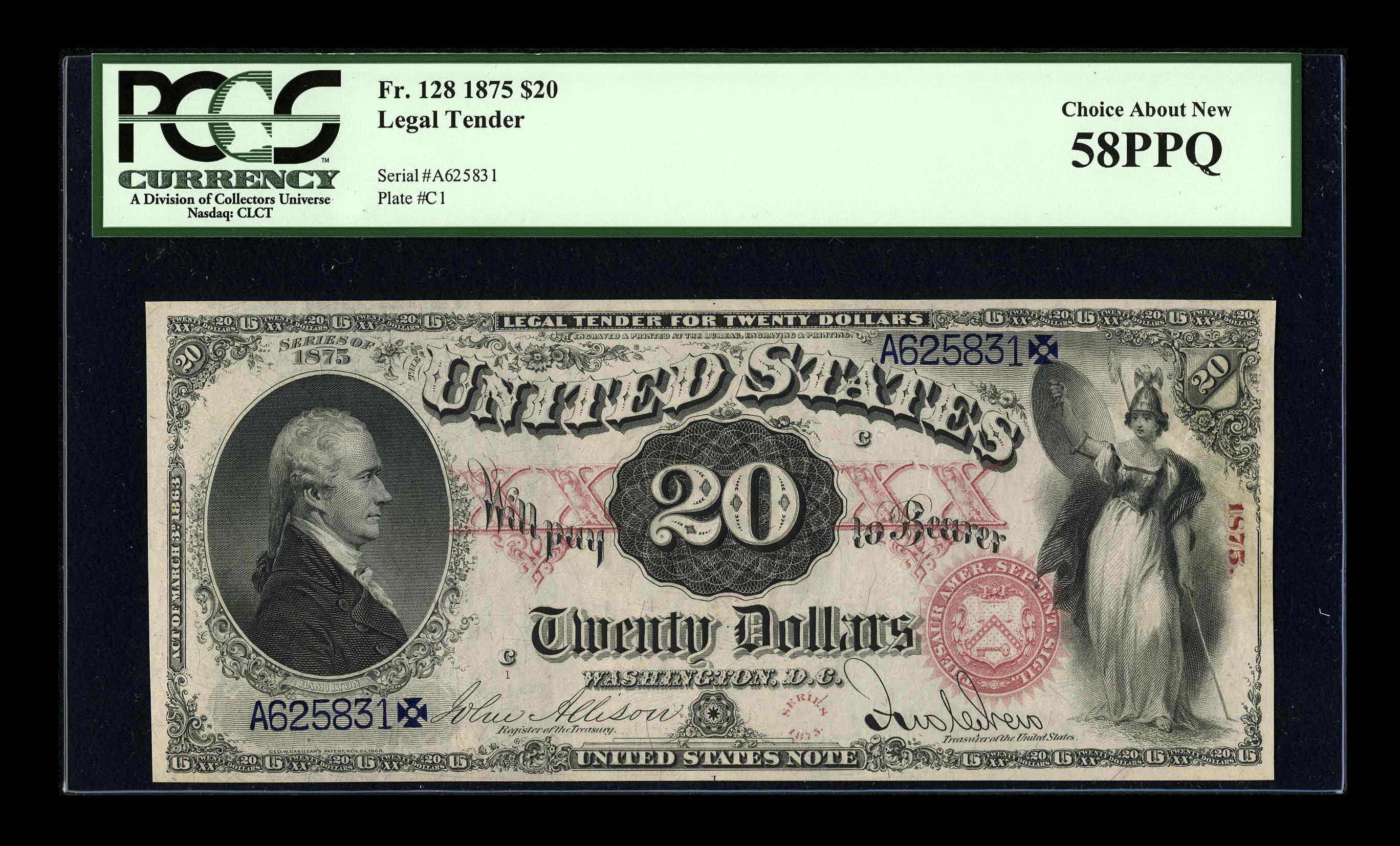 image for: Fr. 128 $20 1875 Legal Tender PMG Choice About Unc 58 EPQ....