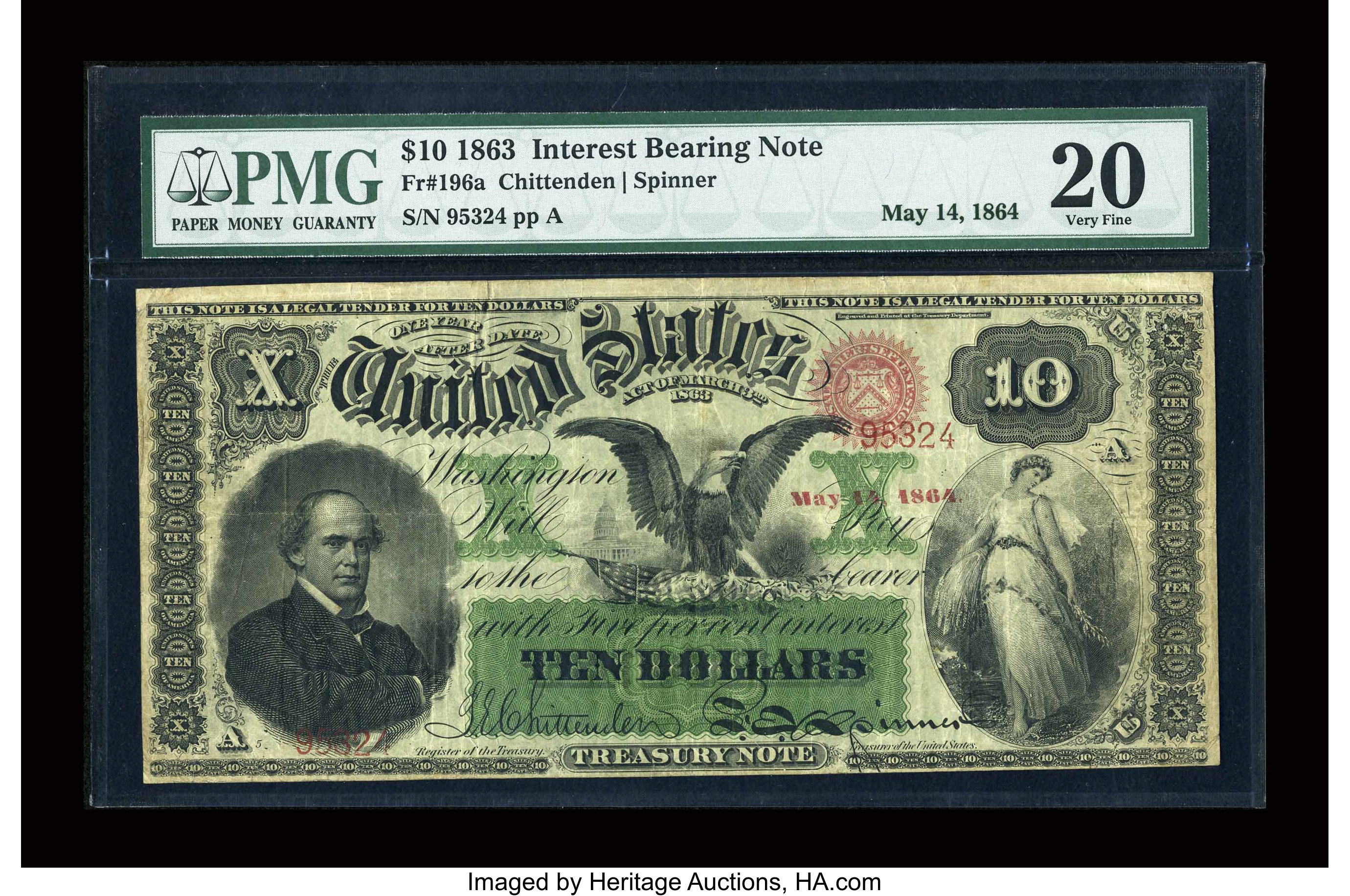 image for: Fr. 196a $10 1863 Interest Bearing Note PMG Very Fine 20....