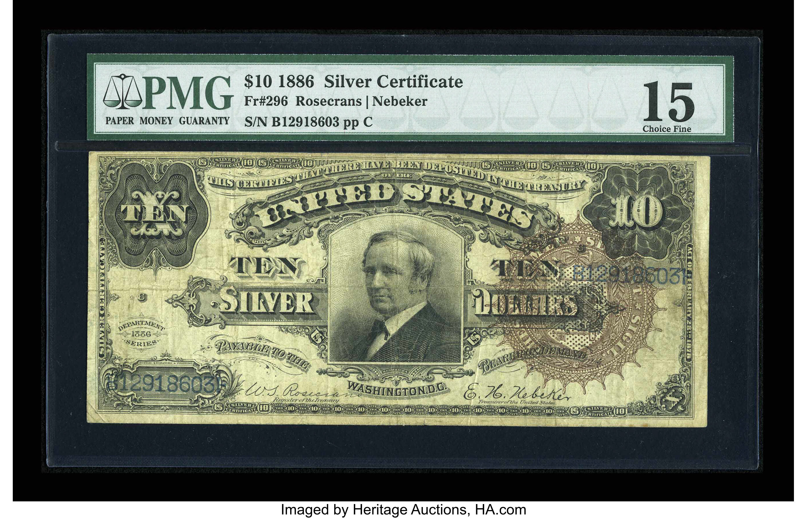 image for: Fr. 296 $10 1886 Silver Certificate PMG Choice Fine 15....