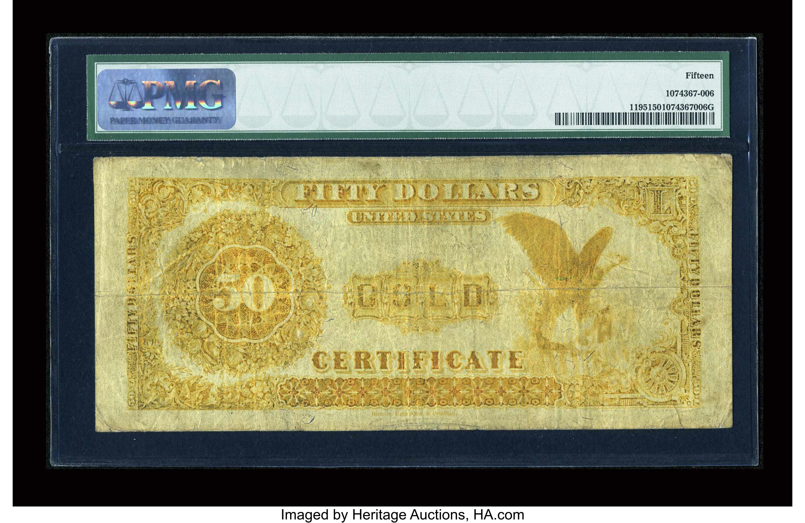 image for: Fr. 1195 $50 1882 Gold Certificate PMG Choice Fine 15....