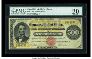 image for: Fr. 1216a $500 1882 Gold Certificate PMG Very Fine 20....