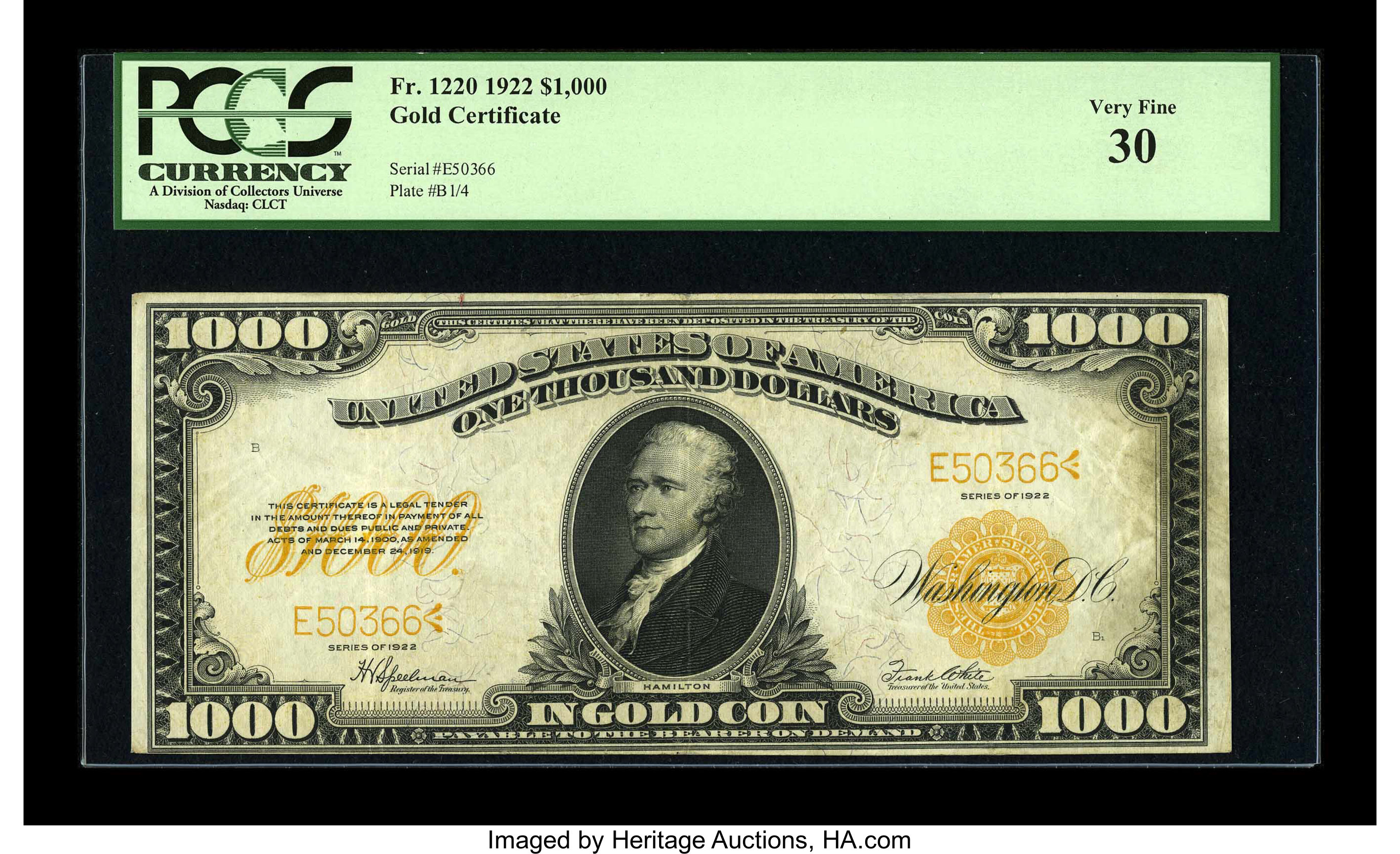 image for: Fr. 1220 $1000 1922 Gold Certificate PCGS Very Fine 30....