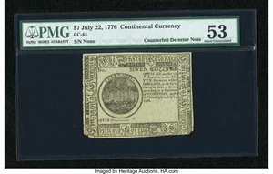 image for: Continental Currency July 22, 1776 $7 Blue Counterfeit Detector PMG About Uncirculated 53....