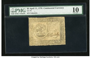 image for: Continental Currency April 11, 1778 $5 PMG Very Good 10....