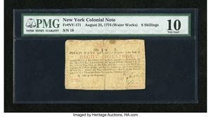 image for: New York August 25, 1774 (Water Works) 8s PMG Very Good 10....