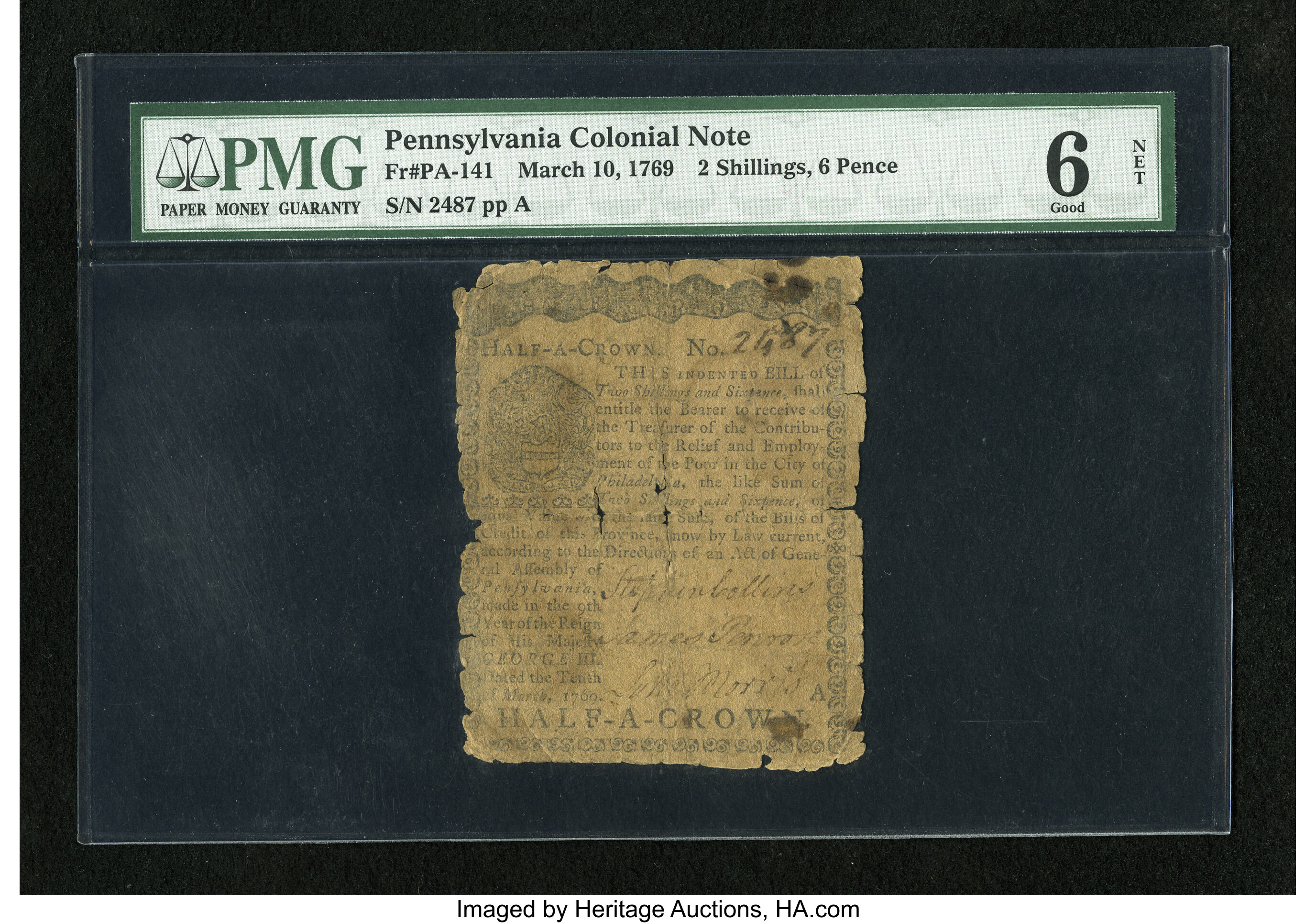 image for: Pennsylvania March 10, 1769 2s/6d PMG Good 6 Net....