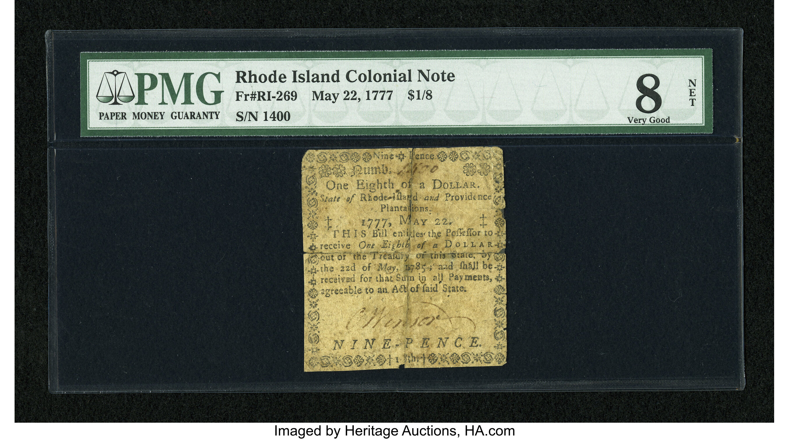image for: Rhode Island May 22, 1777 $1/8 PMG Net Very Good 8....