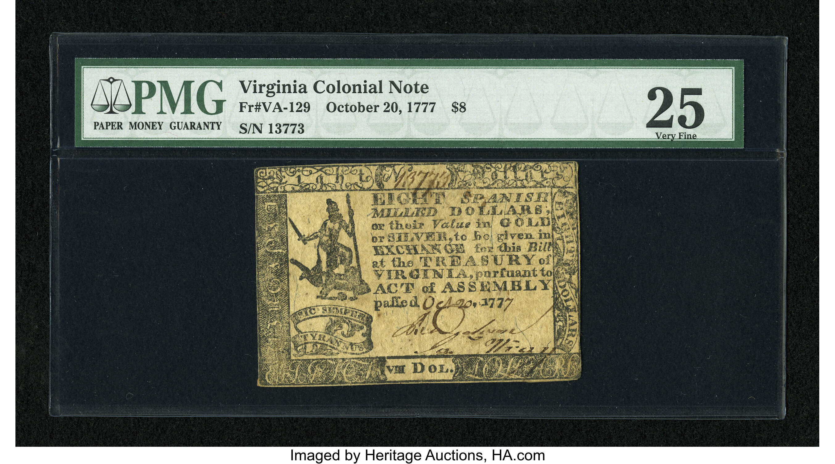 image for: Virginia October 20, 1777 $8 PMG Very Fine 25....