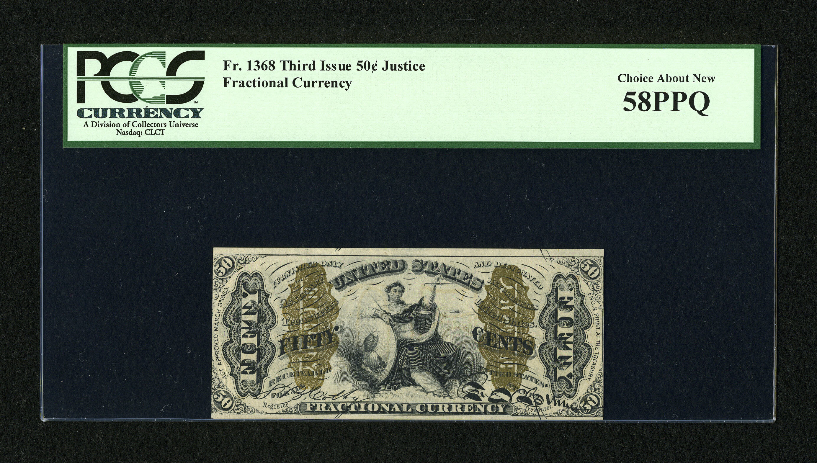 image for: Fr. 1368 50c Third Issue Justice PCGS Choice About New 58PPQ....
