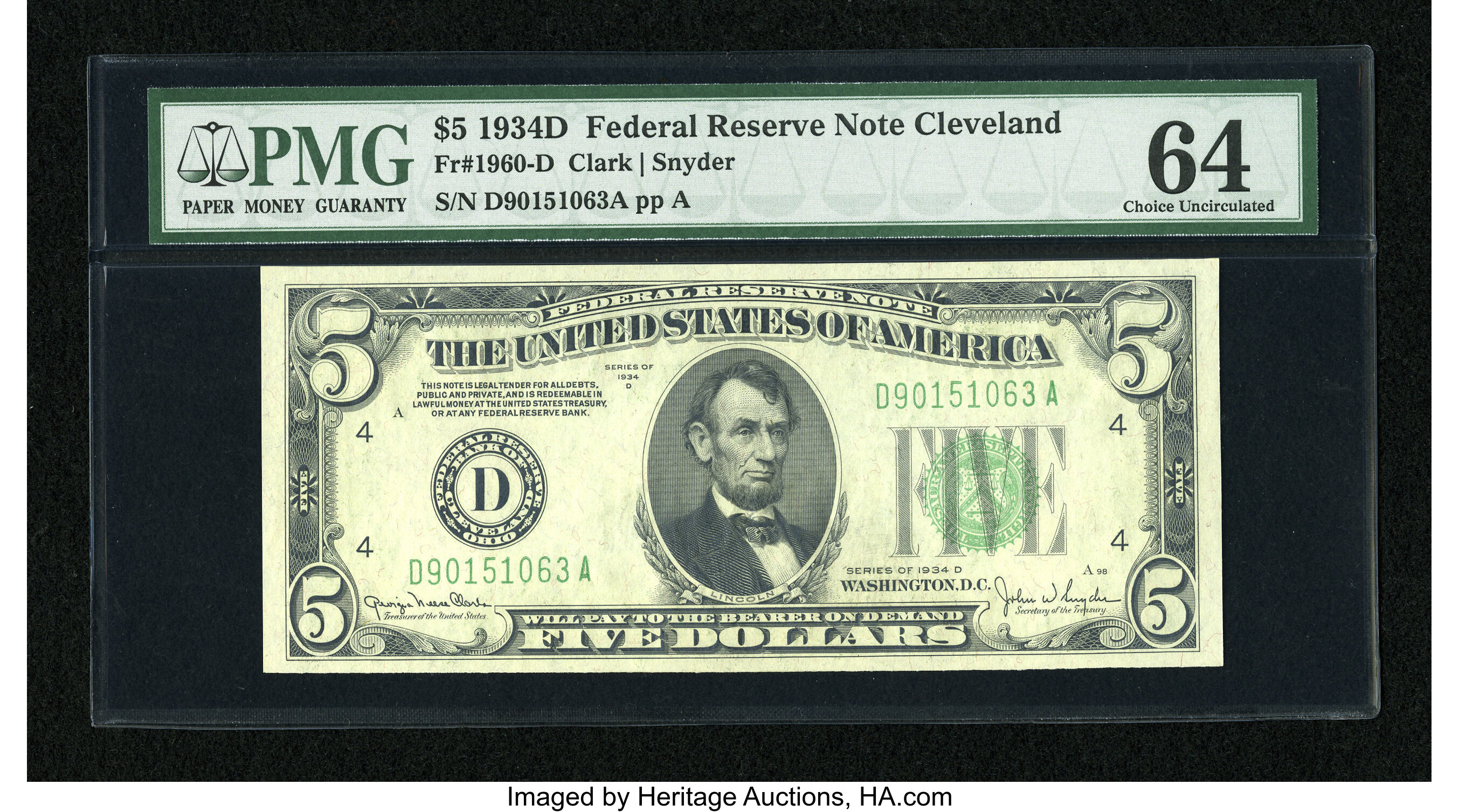 image for: Fr. 1960-D $5 1934D Federal Reserve Note. PMG Choice Uncirculated 64....