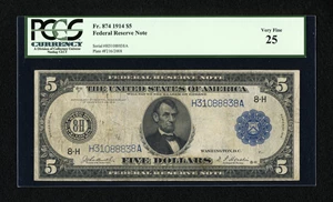 image for: Fr. 874 $5 1914 Federal Reserve Note PCGS Very Fine 25....