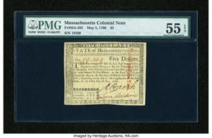 image for: Massachusetts May 5, 1780 $5 Uncancelled PMG About Uncirculated 55 EPQ....