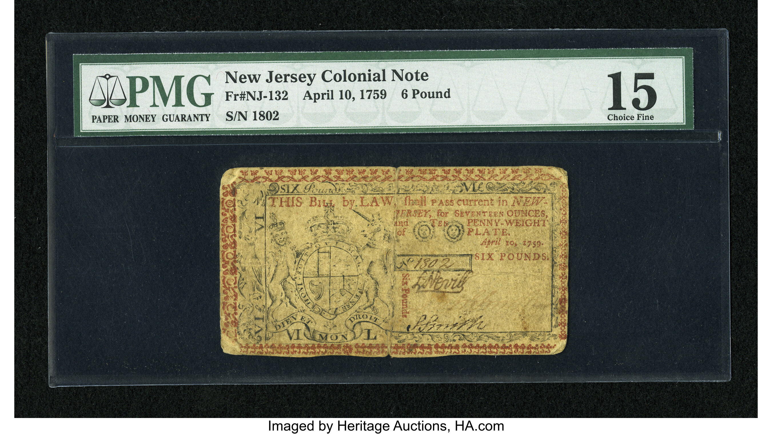 image for: New Jersey April 10, 1759 £6 PMG Choice Fine 15....