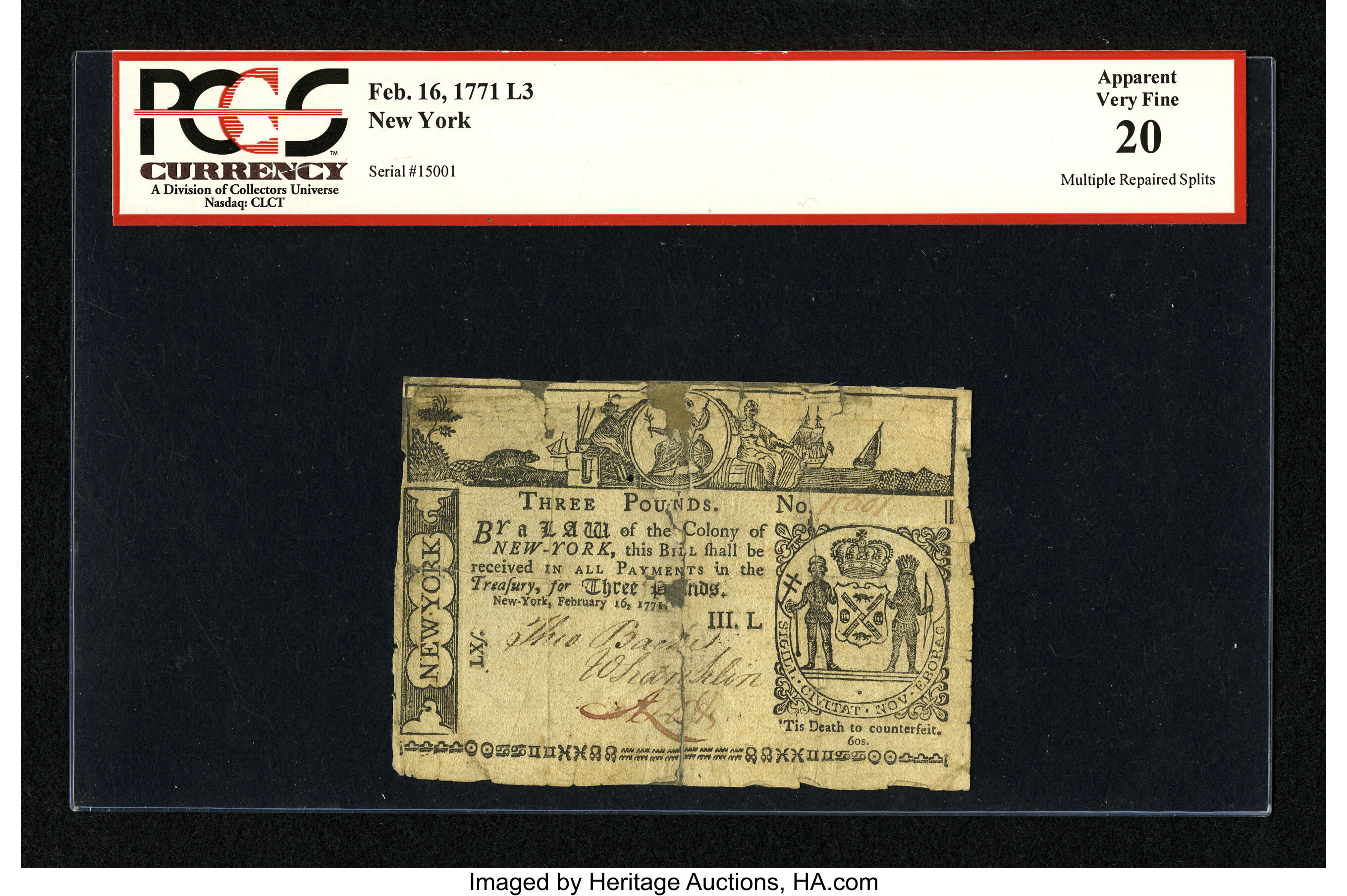 image for: New York February 16, 1771 £3 PCGS Apparent Very Fine 20....