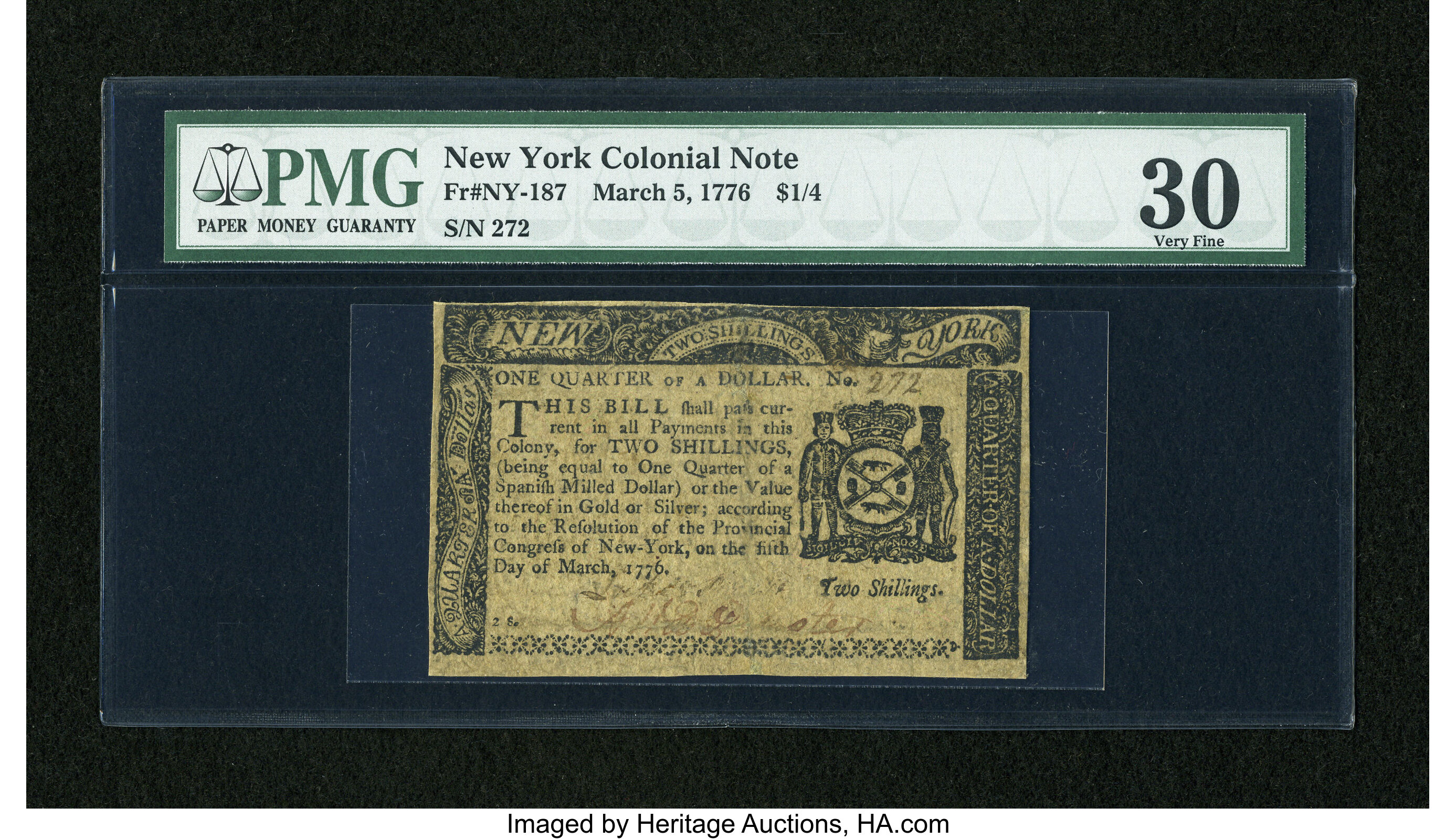 image for: New York March 5, 1776 $1/4 PMG Very Fine 30....