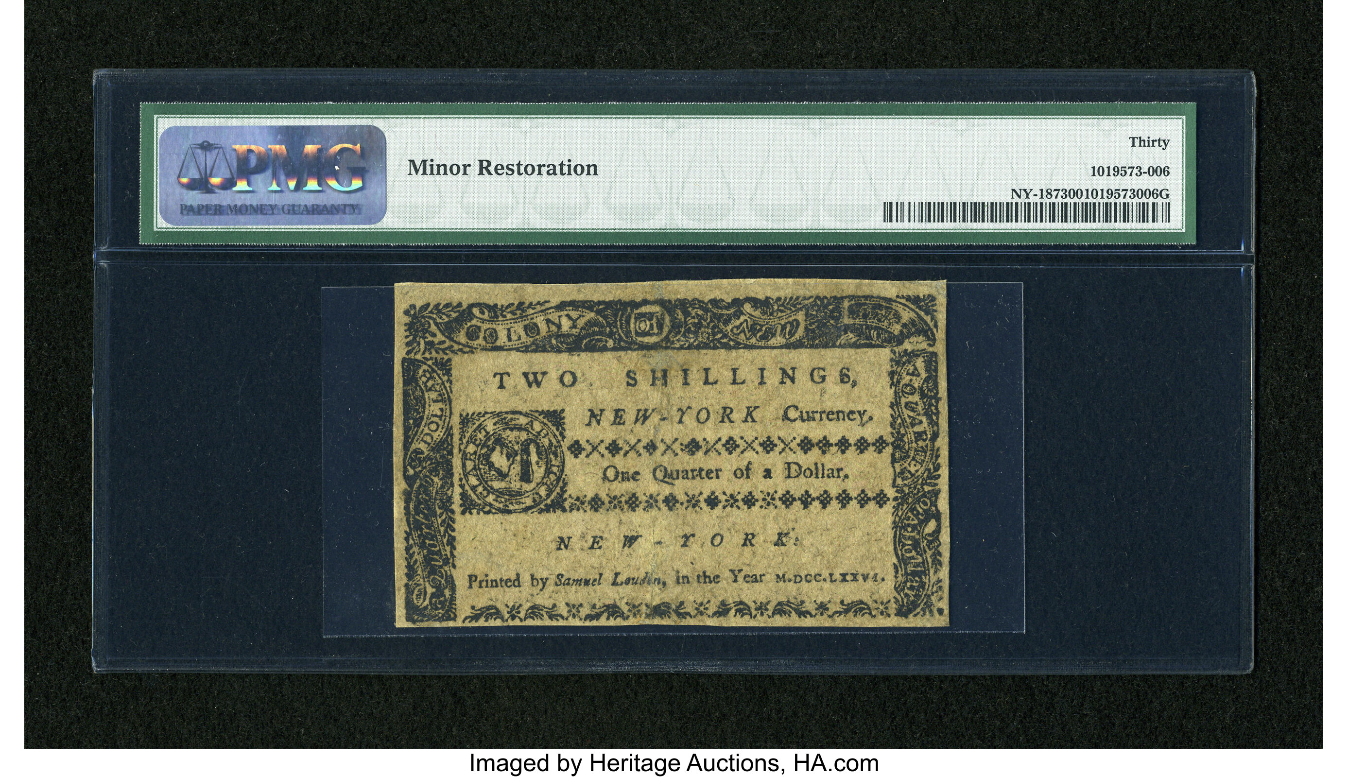 image for: New York March 5, 1776 $1/4 PMG Very Fine 30....