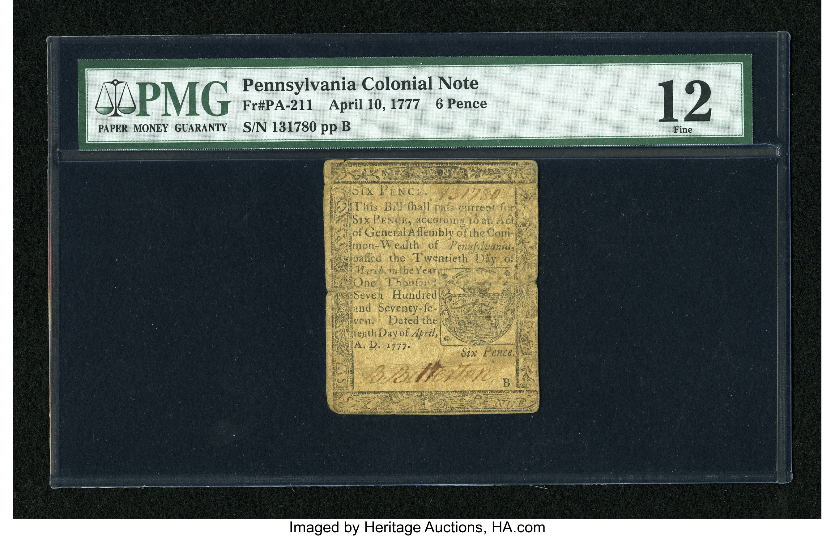 image for: Pennsylvania April 10, 1777 6d PMG Fine 12....