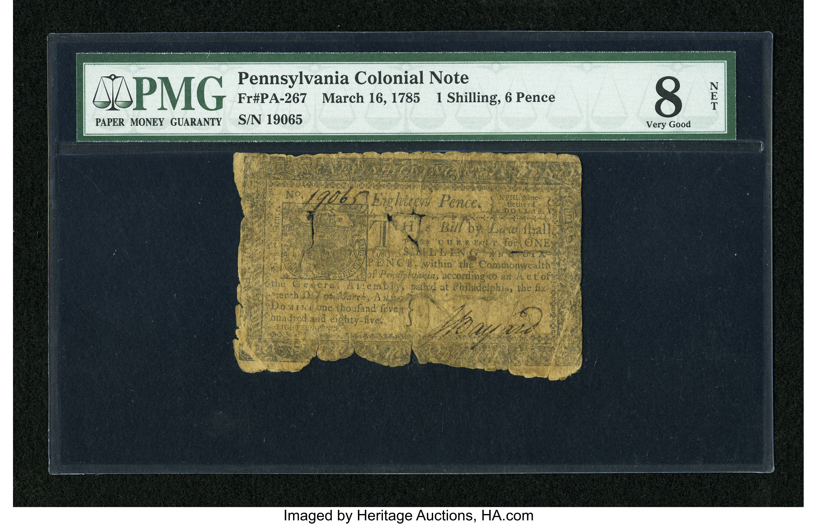 image for: Pennsylvania March 16, 1785 1s/6d PMG Very Good 8 Net....