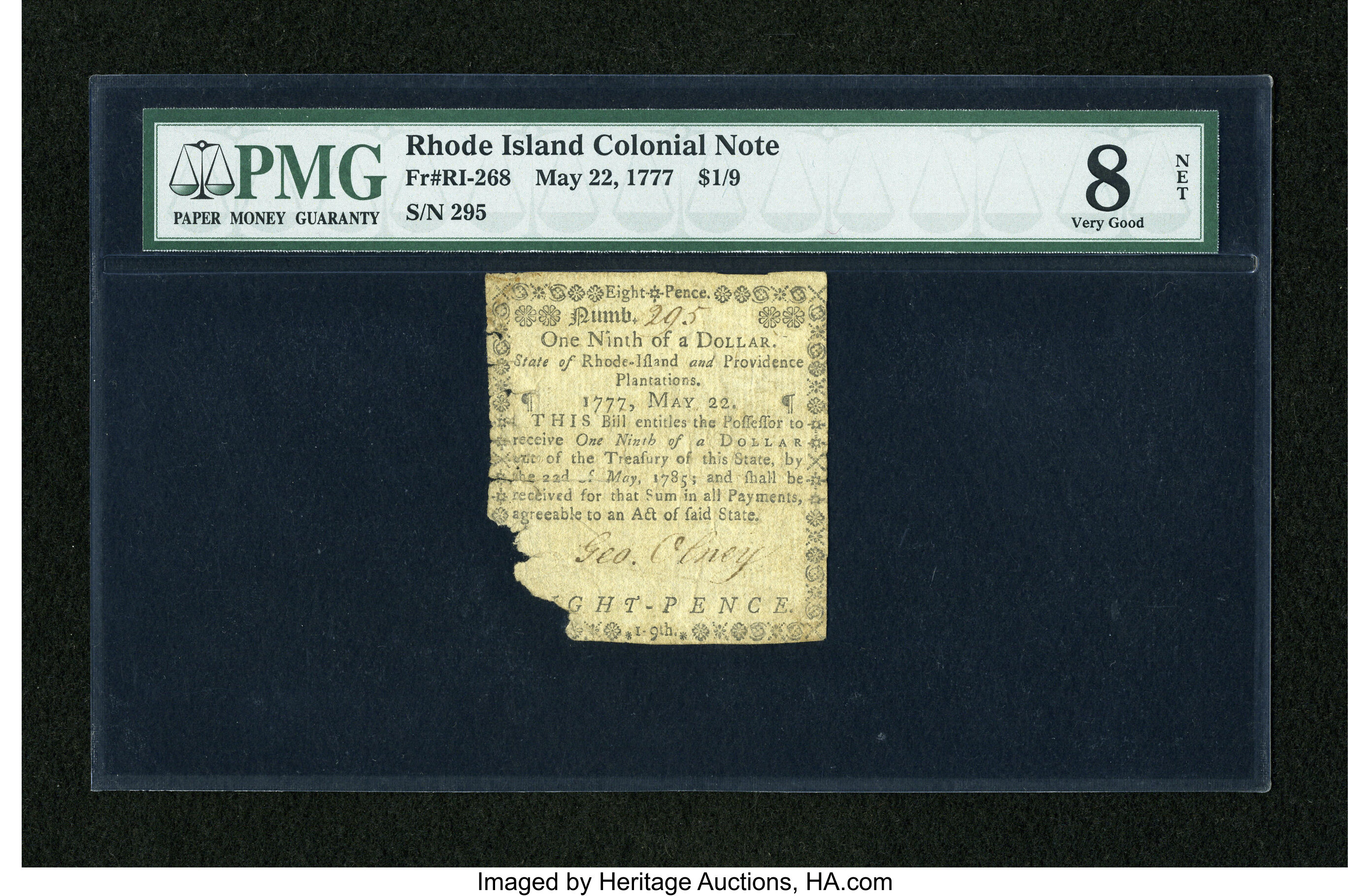 image for: Rhode Island May 22, 1777 $1/9 PMG Net Very Good 8....