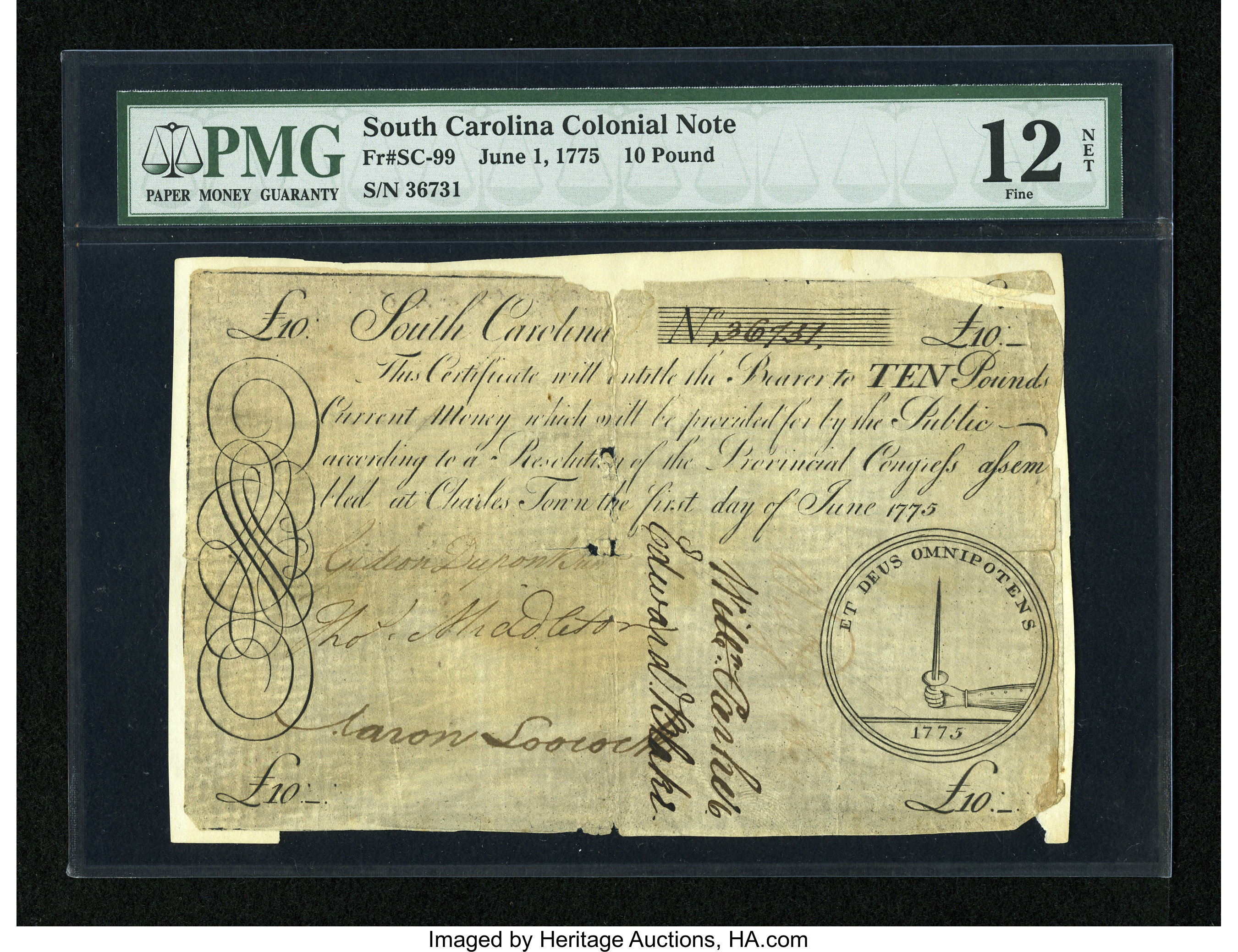 image for: South Carolina June 1, 1775 £10 PMG Fine 12 Net....