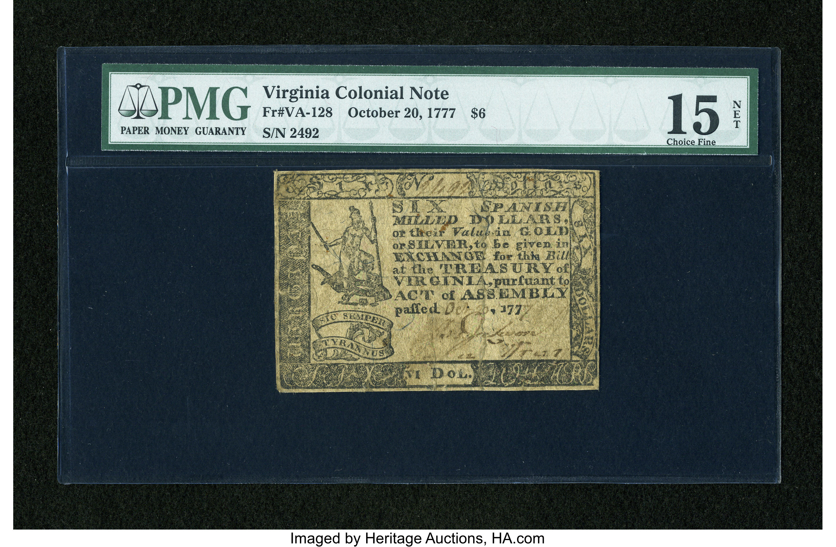 image for: Virginia October 20, 1777 $6 PMG Net Choice Fine 15....