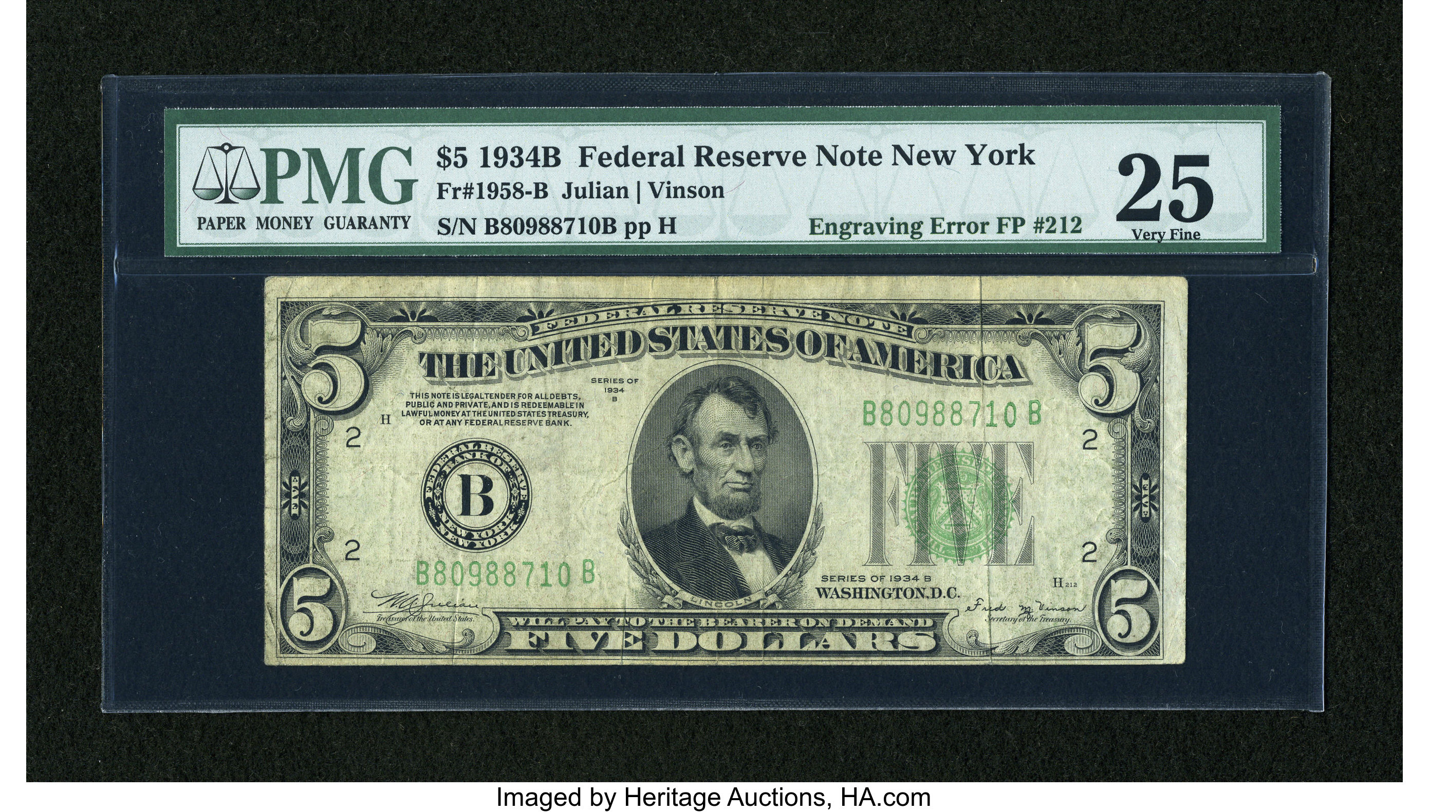image for: Fr. 1958-B $5 1934B Federal Reserve Note with FP #212. PMG Very Fine 25....