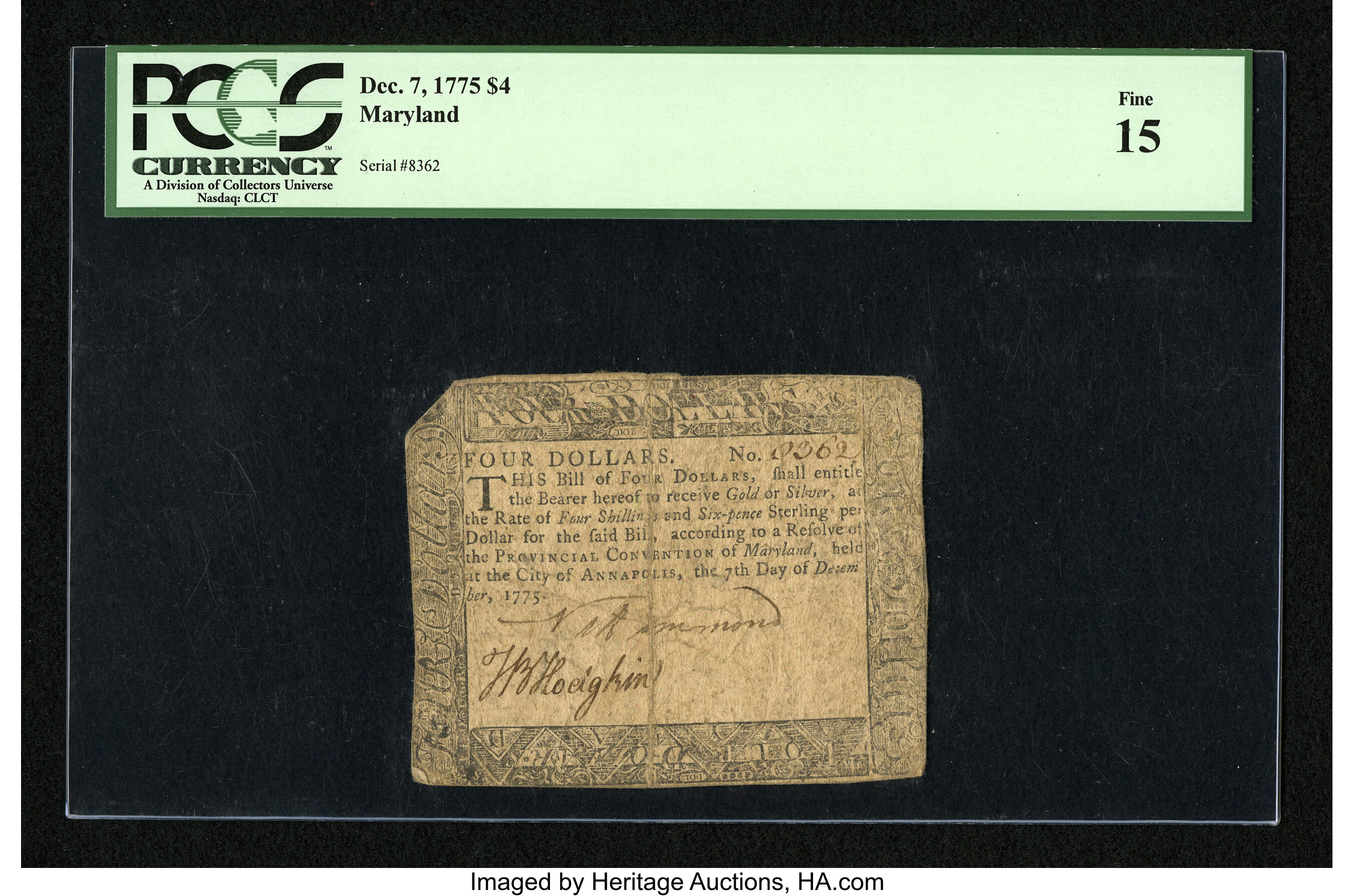 image for: Maryland December 7, 1775 $4 PCGS Fine 15....