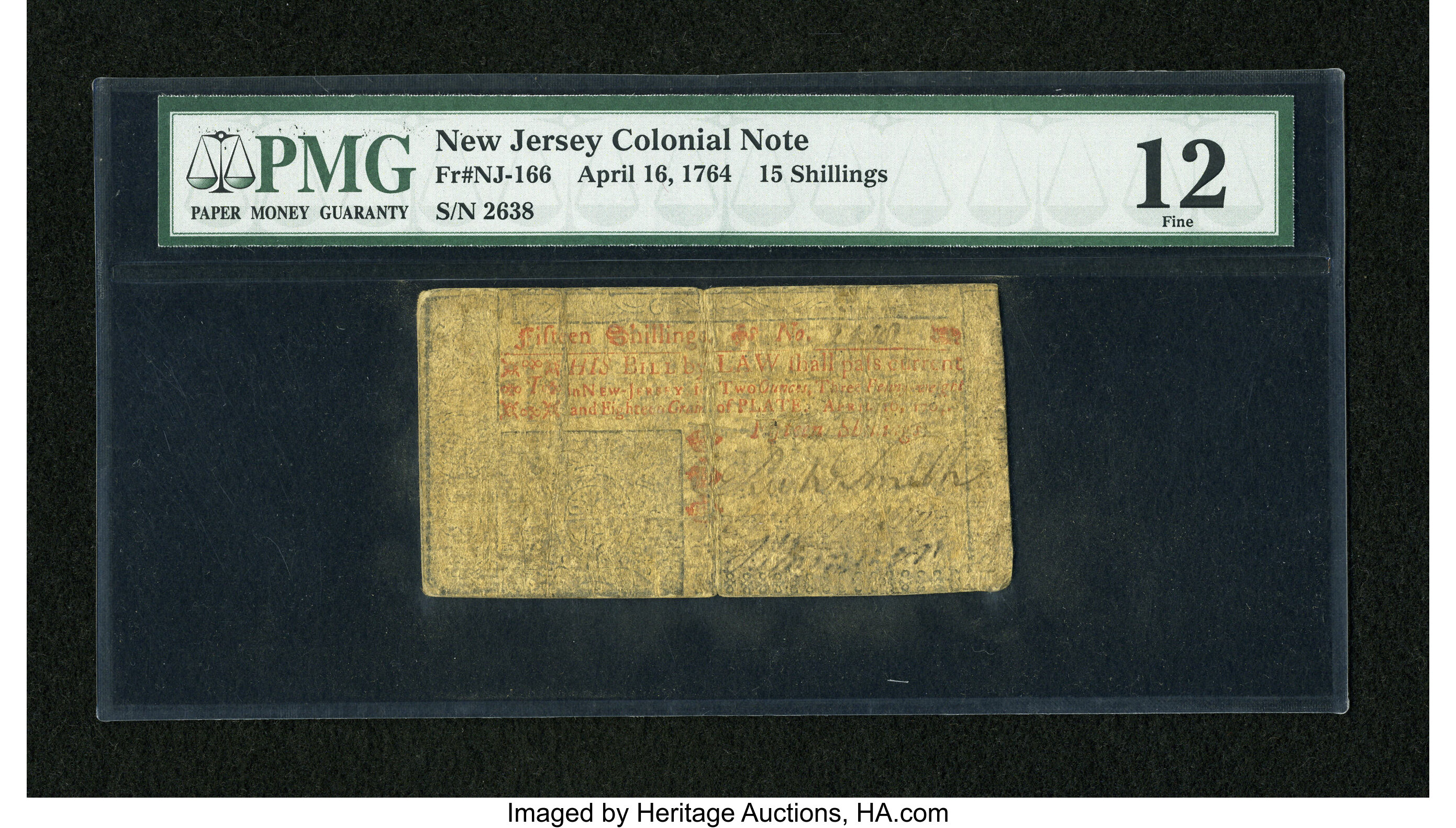 image for: New Jersey April 16, 1764 15s PMG Fine 12....