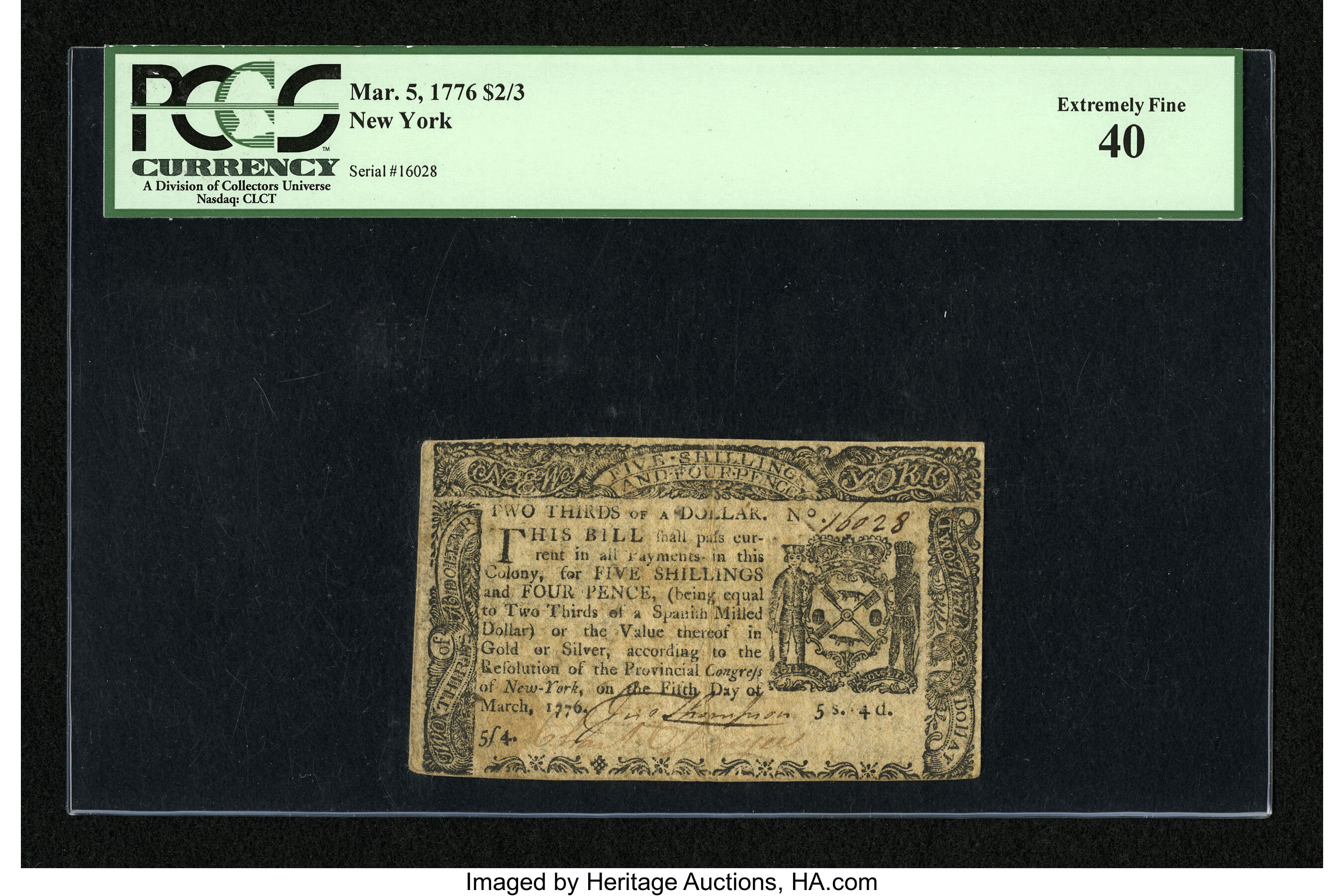 image for: New York March 5, 1776 $2/3 PCGS Extremely Fine 40....