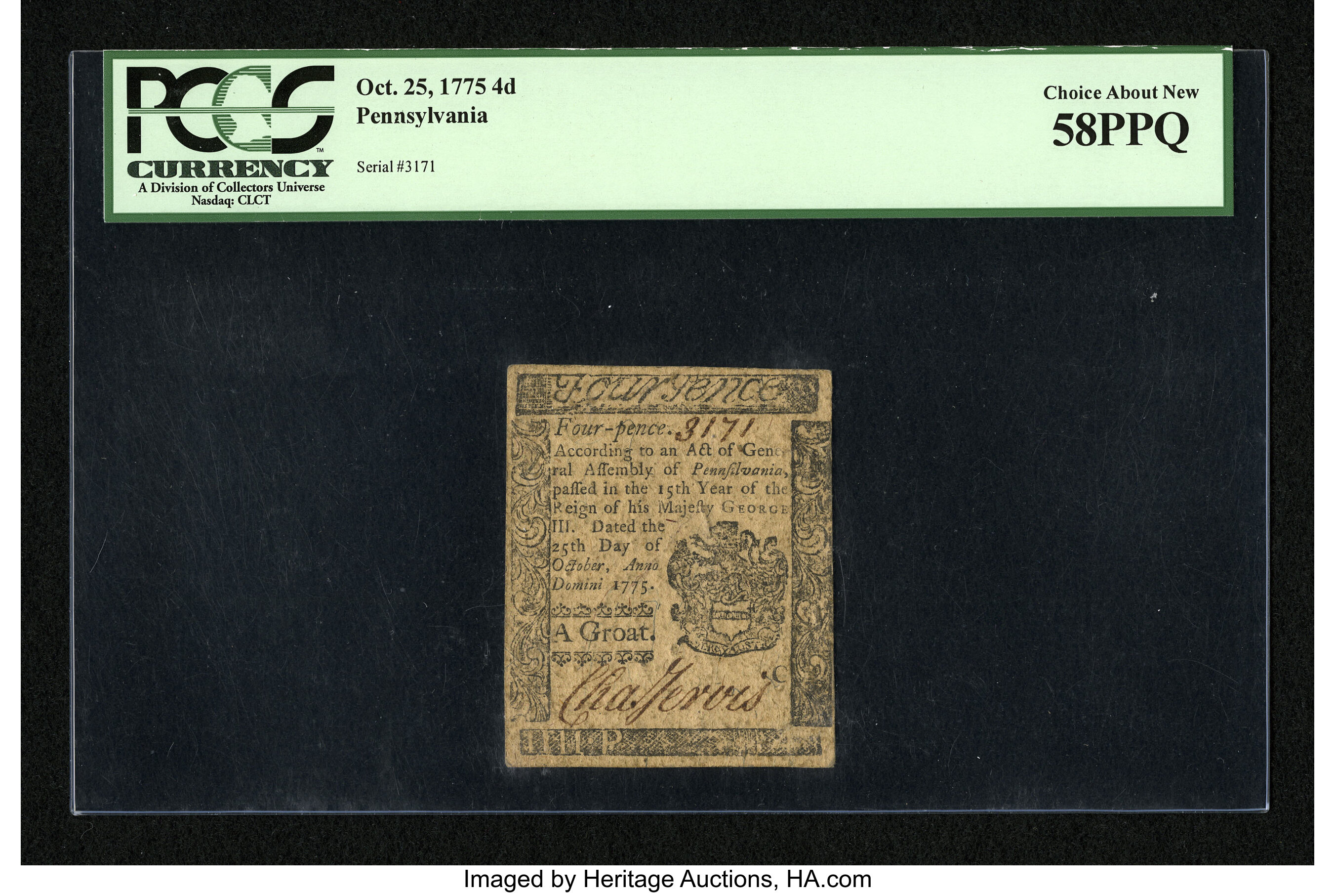 image for: Pennsylvania October 25, 1775 4d PCGS Choice About New 58PPQ....