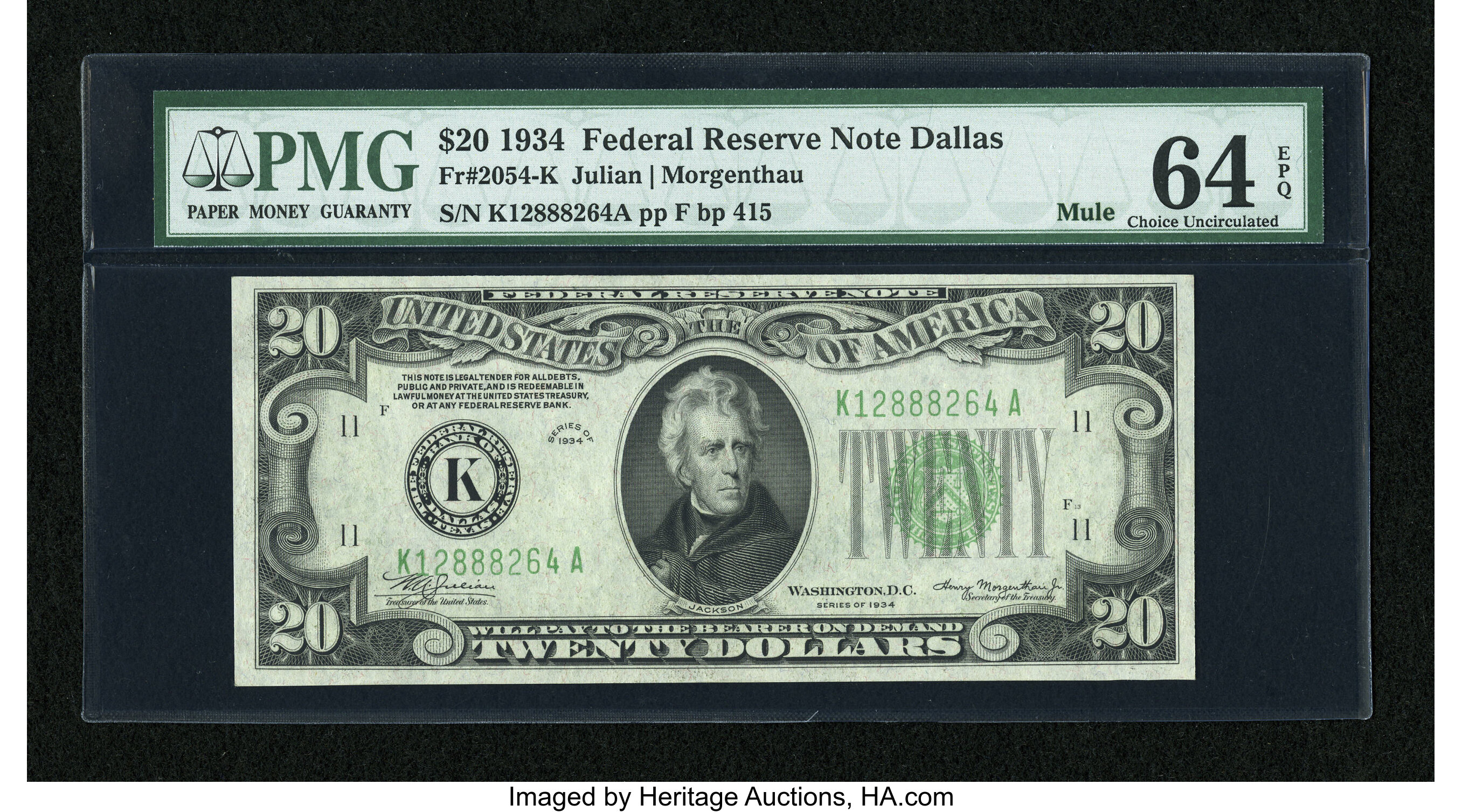 image for: Fr. 2054-K $20 1934 Mule Federal Reserve Note. PMG Choice Uncirculated 64 EPQ....