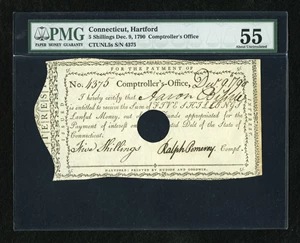 image for: Connecticut December 9, 1790 5s Anderson CT 55 PMG About Uncirculated 55, Hole Cancelled. ...