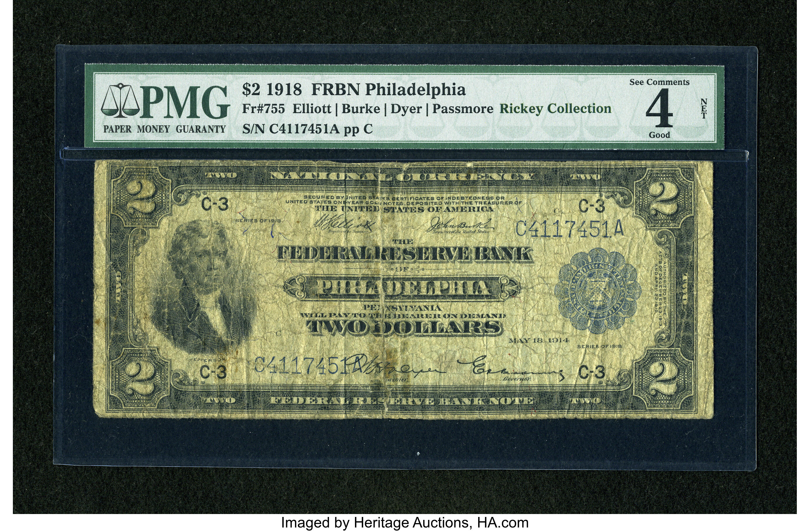 image for: Fr. 755 $2 1918 Federal Reserve Bank Note PMG Good 4 Net....