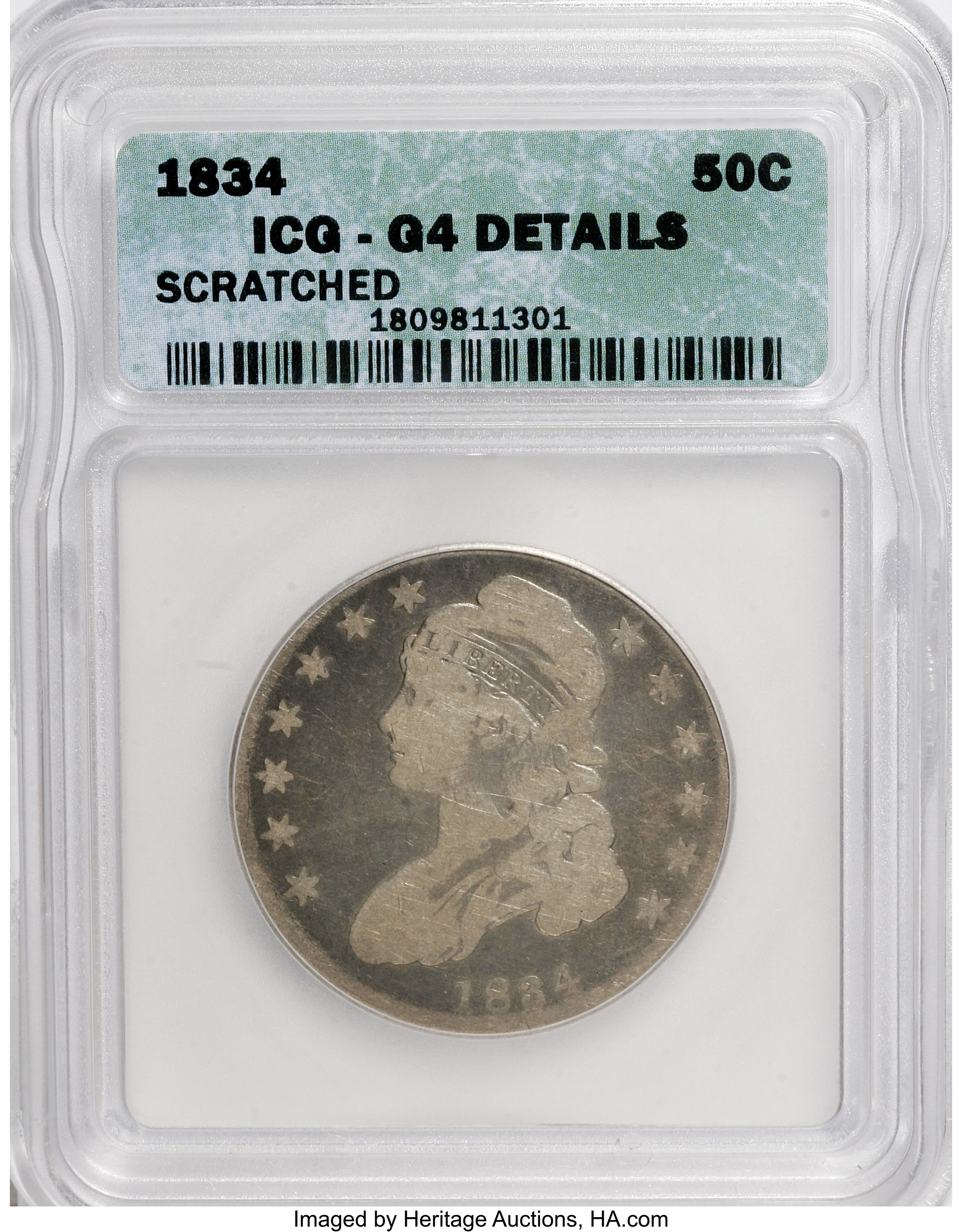 1834 50C Large Date, Large Letters--Scratched--ICG. Good 4 Details. NGC Census: (0/1711). PCGS Population (0/877). Mintage:...