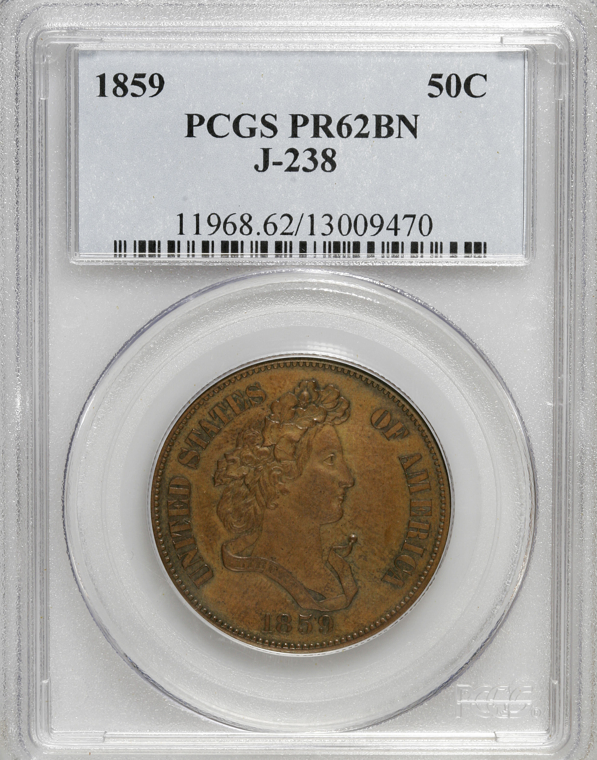 image for: 1859 50C Half Dollar, Judd-238, Pollock-294, R.5, PR62 Brown PCGS. PCGS Population (4/14). NGC Census: (2/9).   (#11968)...