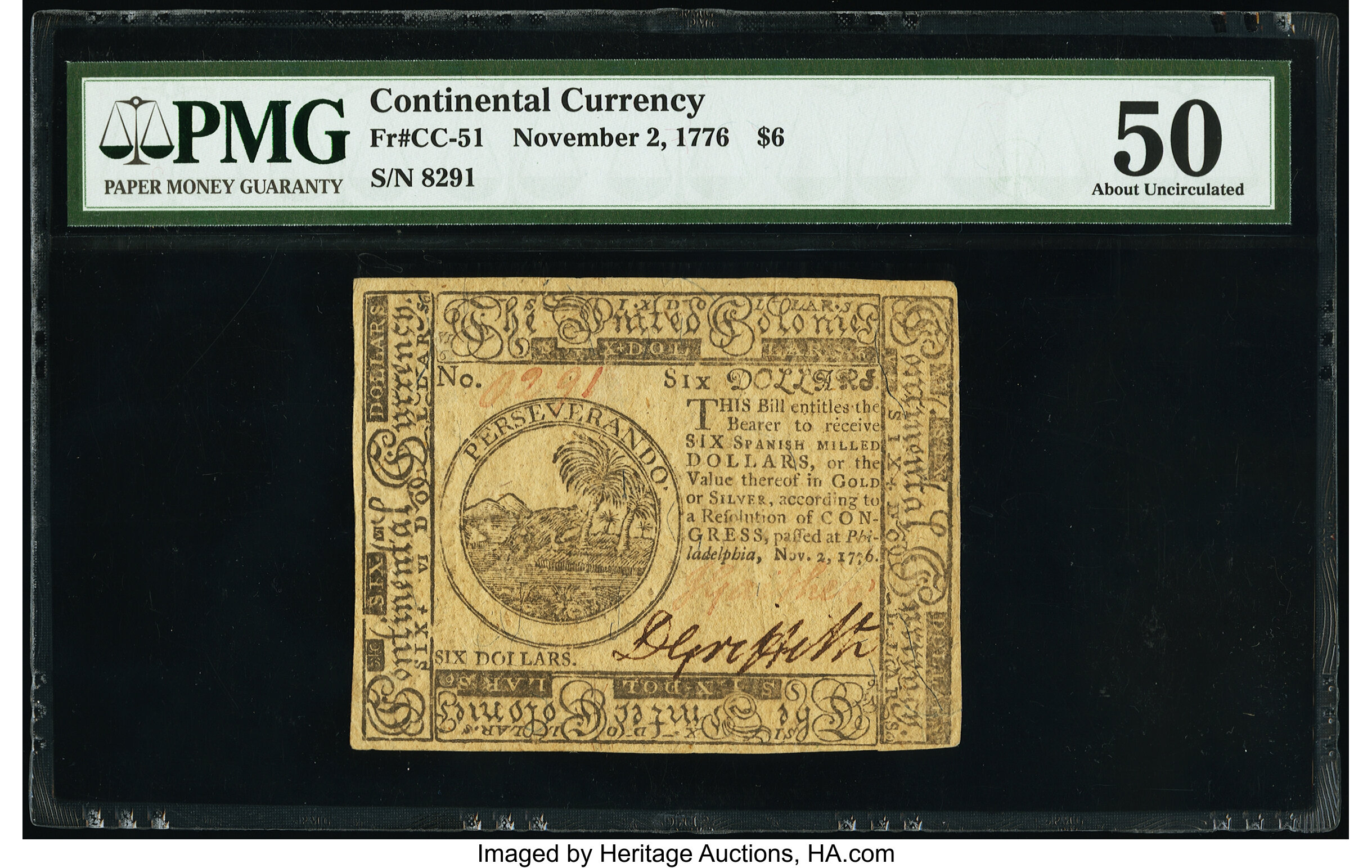 image for: Continental Currency November 2, 1776 $6 PMG About Uncirculated 50....